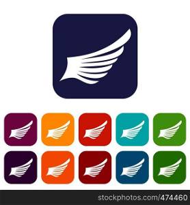 Wing icons set vector illustration in flat style In colors red, blue, green and other. Wing icons set