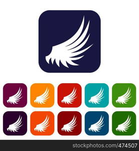 Wing icons set vector illustration in flat style In colors red, blue, green and other. Wing icons set