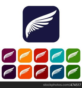 Wing icons set vector illustration in flat style In colors red, blue, green and other. Wing icons set