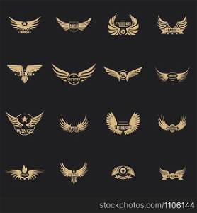 Wing logo icons set. Simple illustration of 16 wing logo vector icons for web. Wing logo icons set, simple style