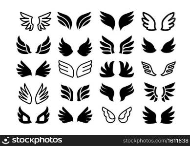 Wing pair icons. Simple angel or birds black silhouette and line symbols, eagle hawk and phoenix feather wings set. Tattoo template, stickers or emblems vector decorative cartoon isolated collection. Wing pair icons. Simple angel or birds silhouette and line symbols, eagle hawk and phoenix feather wings set. Tattoo template, stickers or emblems vector decorative cartoon collection