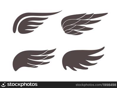 Wing shapes icons. Different shapes of black wings icons, angel or eagle bird feather, freedom and peace emblem. Elements for logo, creative label or tattoo. Vector isolated on white background set. Wing shapes icons. Different shapes of black wings icons, angel or eagle bird feather, freedom and peace emblem. Elements for logo, creative label or tattoo. Vector isolated set
