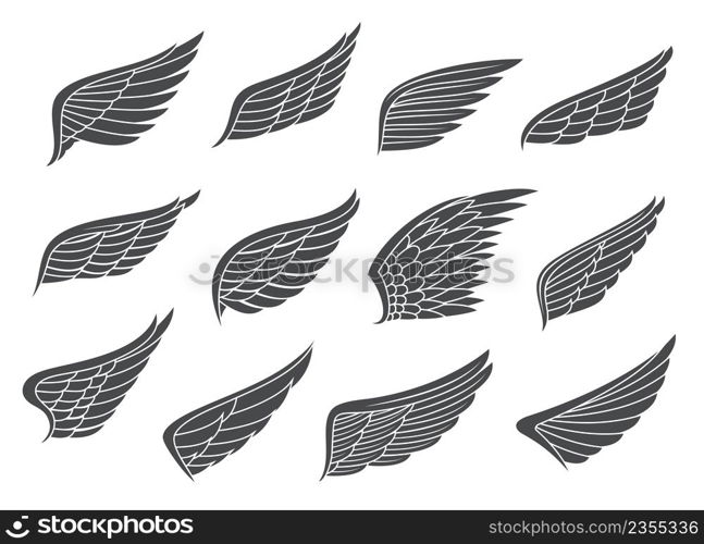 Wing tattoo. Angel, eagle bird spread wings with feathers. Falcon, hawk or pigeon black wings outline vector emblems, heaven and freedom isolated symbols, vintage icons set. Birds spread wings with feathers tattoo or symbols