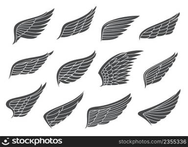 Wing tattoo. Angel, eagle bird spread wings with feathers. Falcon, hawk or pigeon black wings outline vector emblems, heaven and freedom isolated symbols, vintage icons set. Birds spread wings with feathers tattoo or symbols