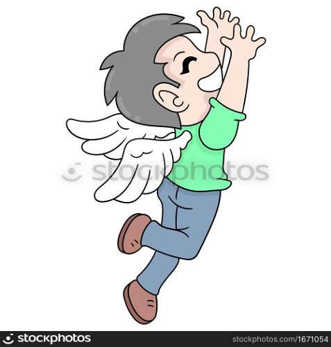 winged angel boy flying into the sky