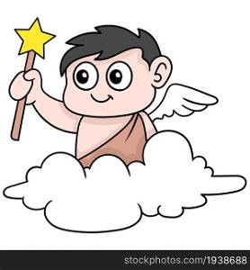 winged baby angel boy carrying a magic wand flying in the clouds