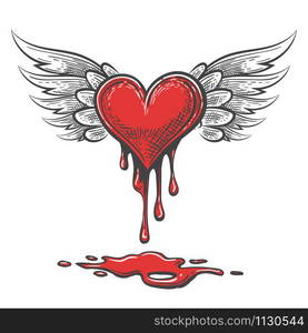 Winged bleeding heart emblem in cartoon style. Valentines Day Vector Illustration