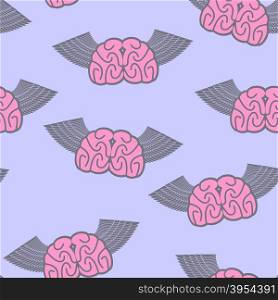 Winged brain seamless pattern. Brain with wings Symbol idea. Brain with Angel Wings on a pupurnom background. Vector Background.&#xA;