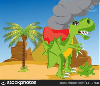 Winged dinosaur on nature. The Prehistorical dinosaur in desert with acting vulcan.Vector illustration