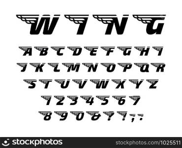Winged font. Letters with wings, flying alphabet and powerful sport monogram. Speed wing lettering font, car racing sport logo emblem or winged branding. Isolated vector symbols set. Winged font. Letters with wings, flying alphabet and powerful sport monogram. Speed wing lettering font vector set