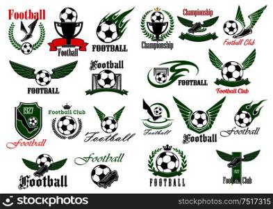 Winged football or soccer balls and shoes with trophies and gates signs for sporting club, team or competition design framed by heraldic shields and laurel wreaths, ribbon banners and flames. Sporting icons for football or soccer game design