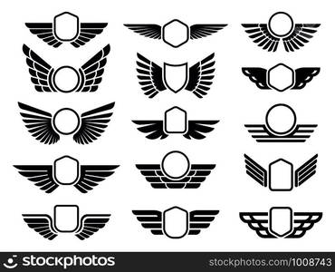 Winged frames. Flying bird shield emblem, eagle wings badge frame and retro aviation fast wing. Delivery cargo logotype or military wings insignia. Isolated symbols vector set. Winged frames. Flying bird shield emblem, eagle wings badge frame and retro aviation fast wing symbol vector set