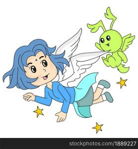 winged girl flying with a fantasy creature. cartoon illustration sticker emoticon