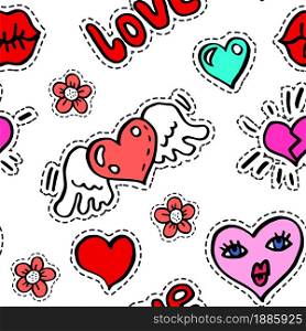 Winged heart and character with face, flowers and inscription seamless pattern. Patches or stickers of wildflower blooming, heartbroken icons. Romantic decorations for valentines day vector in flat. Heart with wings, flowers and kissing lips seamless pattern