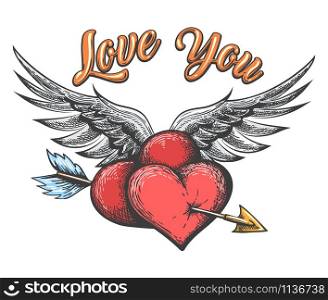 Winged Hearts Pierced by Arrow and lettering Love You drawn in tattoo style. Vector illustration.