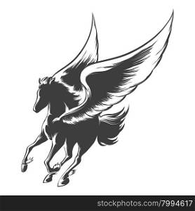 Winged horse Pegasus. Illustration in engraving style.