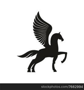 Winged horse silhouette isolated pegasus silhouette. Vector unicorn heraldic symbol, mythical animal. Unicorn or pegasus isolated winged animal horse