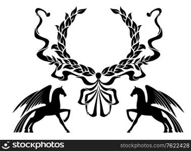 Winged horses with laurel wreath for heraldry design