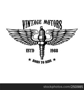 Winged motorcycle spark plug. Design elements for logo, label, sign, menu. Vector illustration