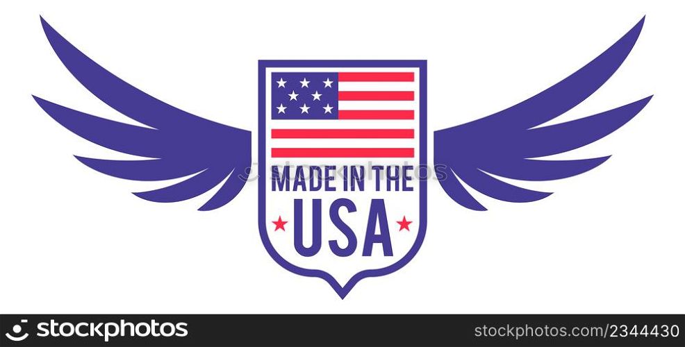 Winged shield label with american flag. Made in Usa emblem isolated on white background. Winged shield label with american flag. Made in Usa emblem