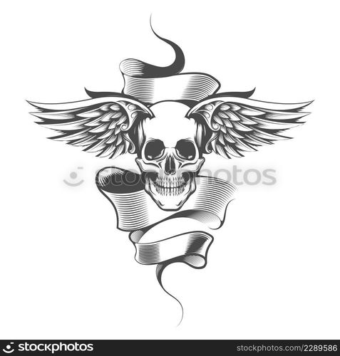 Winged Skull and Banner Tattoo isolated on white. Vector illustration.