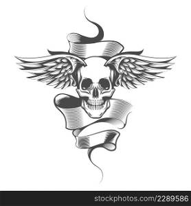 Winged Skull and Banner Tattoo isolated on white. Vector illustration.