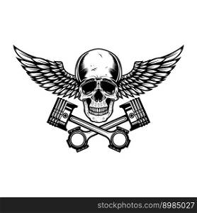 Winged skull with crossed pistons. Design element for emblem, sign, badge, logo. Vector illustration