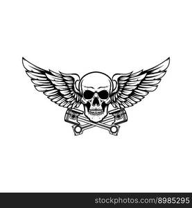 Winged skull with crossed pistons. Design element for emblem, sign, badge, logo. Vector illustration