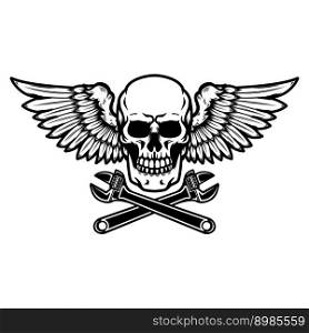 Winged skull with crossed wrenches. Design element for emblem, sign, badge, logo. Vector illustration
