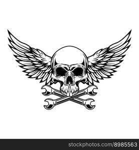 Winged skull with crossed wrenches. Design element for emblem, sign, badge, logo. Vector illustration