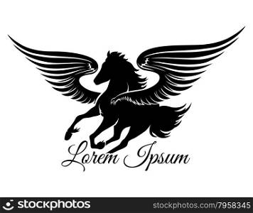 Winged stallion logo or emblem. Isolated on white background. Free font Great Vibes used.
