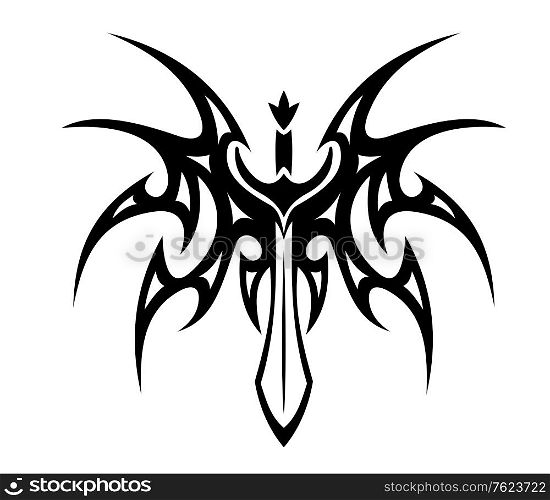 Winged sword tattoo with barbed feathers in outspread graceful wings