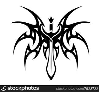 Winged sword tattoo with barbed feathers in outspread graceful wings