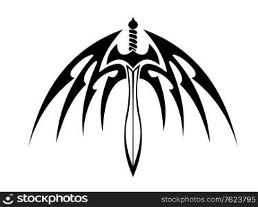 Winged sword with outspread wings and sharp barbed feathers for tribal tattoo design