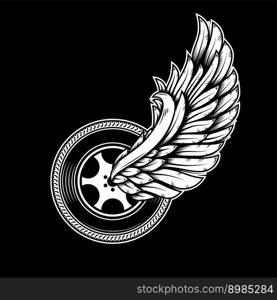 Winged wheel in monochrome style. Design element for logo, label, sign, emblem. Vector illustration