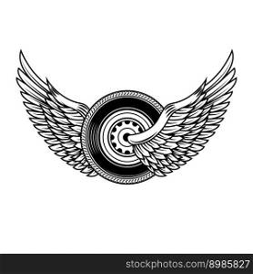 Winged wheel in monochrome style. Design element for logo, label, sign, emblem. Vector illustration