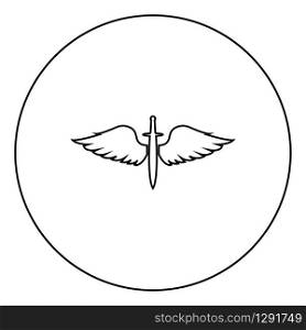 Wings and sword symbol cadets Winged blade weapon medieval age Warrior insignia Blazon bravery concept icon in circle round outline black color vector illustration flat style simple image. Wings and sword symbol cadets Winged blade weapon medieval age Warrior insignia Blazon bravery concept icon in circle round outline black color vector illustration flat style image