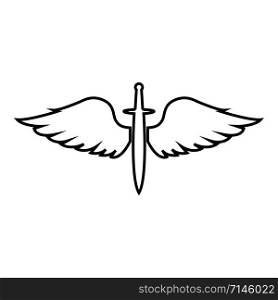 Wings and sword symbol cadets Winged blade weapon medieval age Warrior insignia Blazon bravery concept icon outline black color vector illustration flat style simple image
