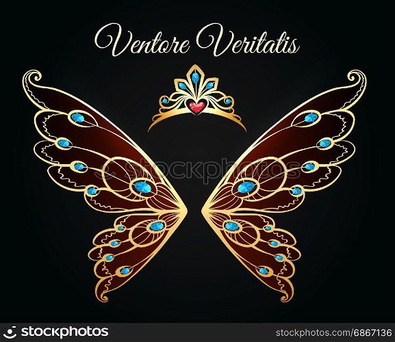 Wings and tiara gold logo. Wings and tiara princess jewelry gold logo. Luxury jewellery diamond fashion vector emblem