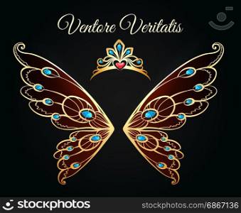Wings and tiara gold logo. Wings and tiara princess jewelry gold logo. Luxury jewellery diamond fashion vector emblem