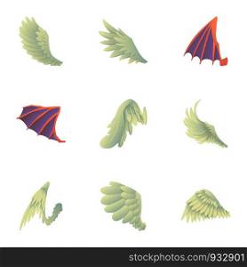 Wings icons set. Cartoon set of 9 wings vector icons for web isolated on white background. Wings icons set, cartoon style