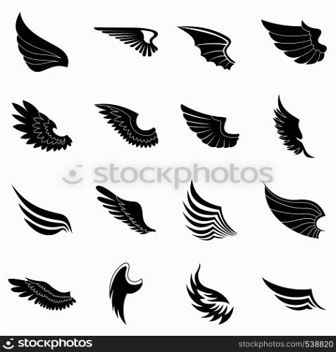 Wings icons set in black simple style for any design. Wings icons set, black simple style