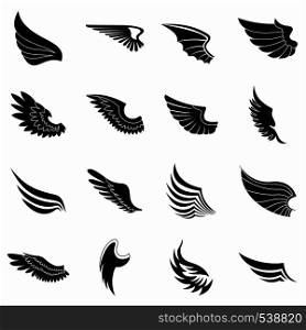 Wings icons set in black simple style for any design. Wings icons set, black simple style
