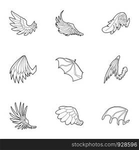 Wings icons set. Outline set of 9 wings vector icons for web isolated on white background. Wings icons set, outline style