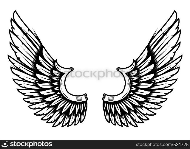 Wings in tattoo style isolated on white background. Design element for poster, t shirt, card, emblem, sign, badge. Vector illustration