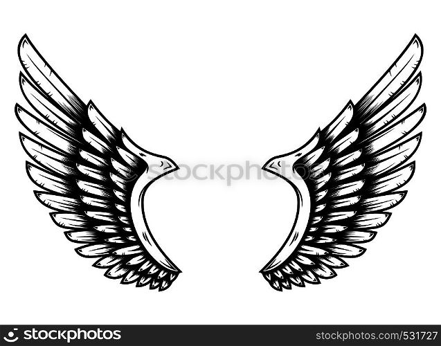 Wings in tattoo style isolated on white background. Design element for poster, t shit, card, emblem, sign, badge. Vector illustration