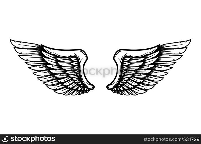 Wings in tattoo style isolated on white background. Design element for poster, t shit, card, emblem, sign, badge. Vector illustration