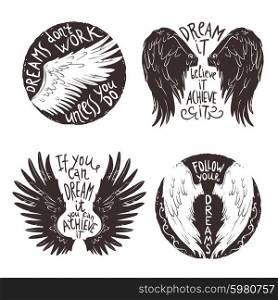 Wings Label Set. Hand drawn wings label set with motivation text isolated vector illustration