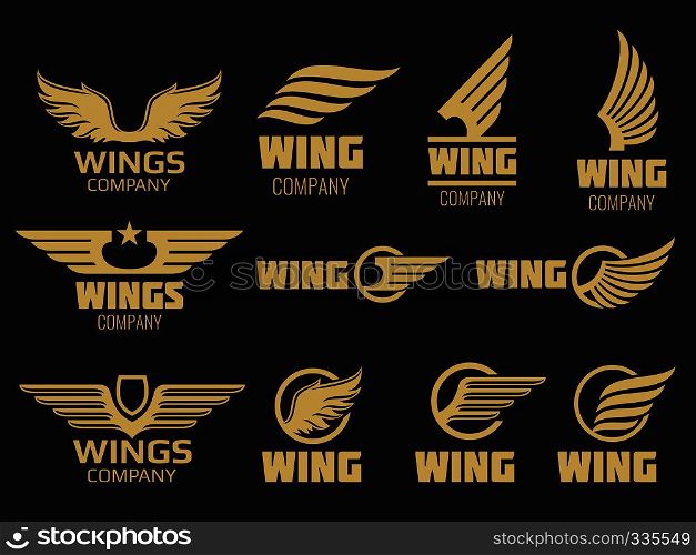 Wings logo collection - golden auto wings logo template. Golden wing logo company, emblem winged label, vector illustration. Wings logo collection - golden auto wings logo template