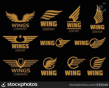 Wings logo collection - golden auto wings logo template. Golden wing logo company, emblem winged label, vector illustration. Wings logo collection - golden auto wings logo template